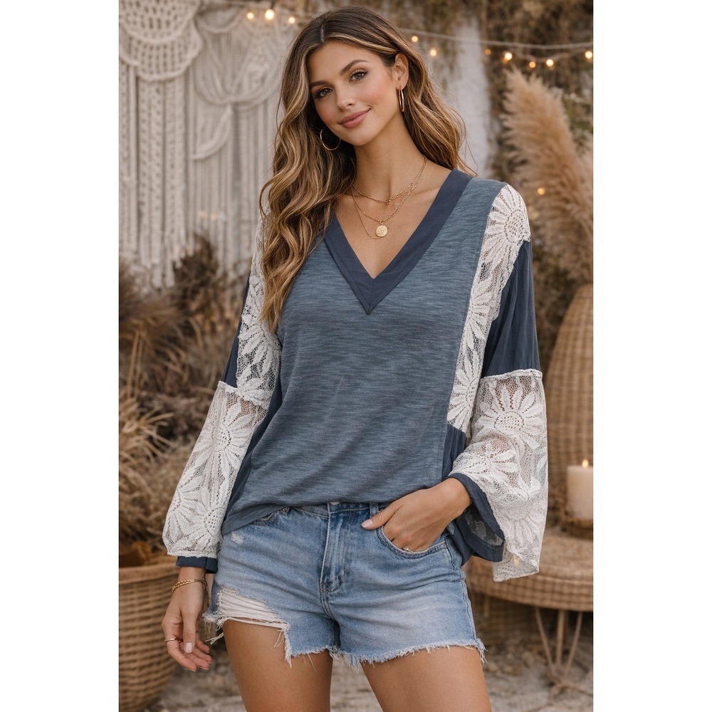 POL Lace Detail V-Neck Flare Sleeve Blouse